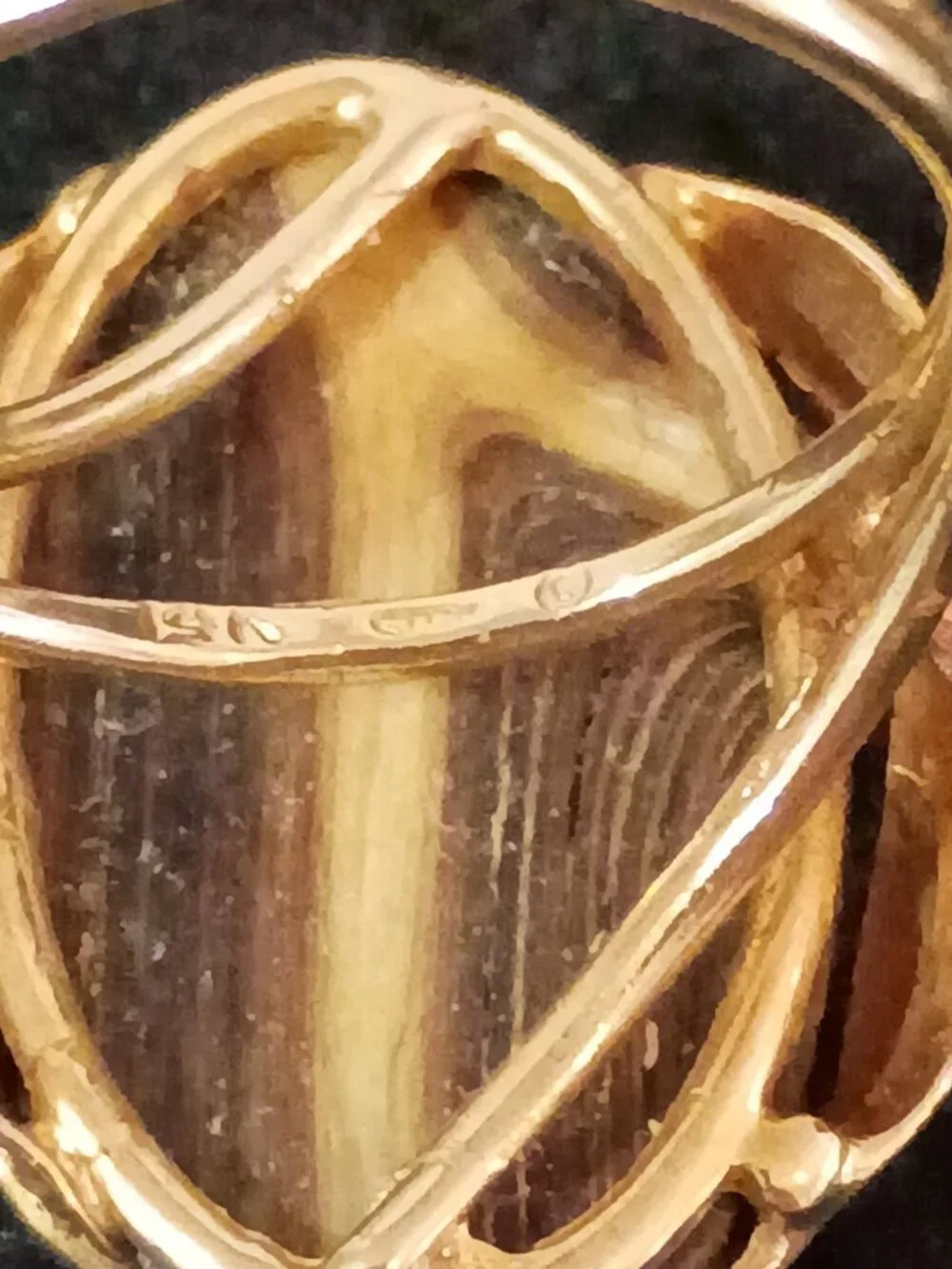 Vintage 14K Gold Banded Agate Leaf Cocktail Ring Custom Monogram J.A. Size 7